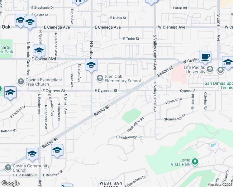map of restaurants, bars, coffee shops, grocery stores, and more near 17072 East Cypress Street in Covina