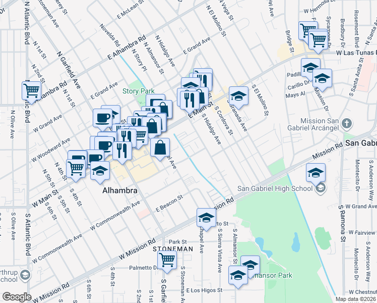 map of restaurants, bars, coffee shops, grocery stores, and more near 401 East Bay State Street in Alhambra