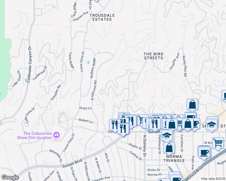 map of restaurants, bars, coffee shops, grocery stores, and more near 9314 Sierra Mar Drive in Los Angeles