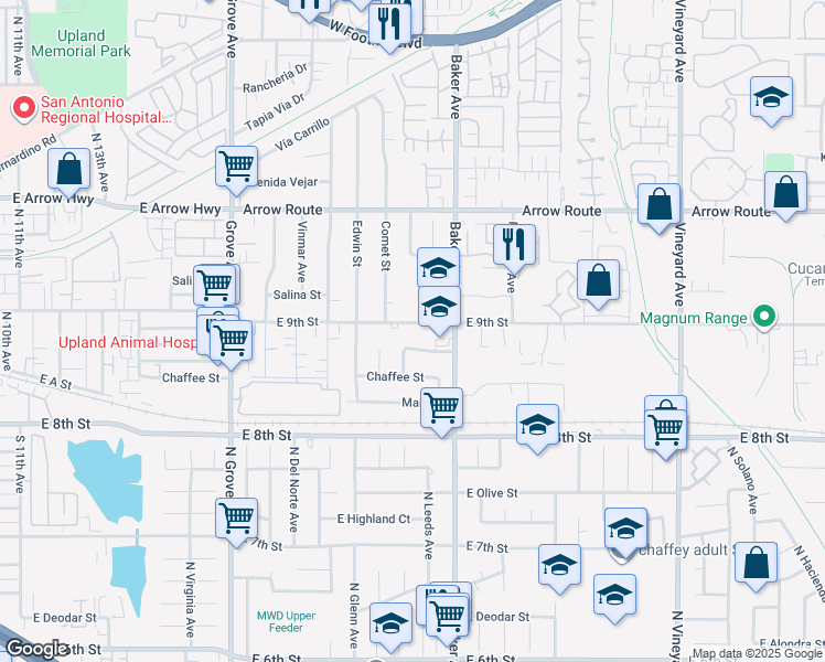 map of restaurants, bars, coffee shops, grocery stores, and more near 8419 East 9th Street in Rancho Cucamonga