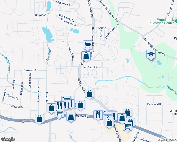 map of restaurants, bars, coffee shops, grocery stores, and more near 100 Peaks Ridge in Acworth