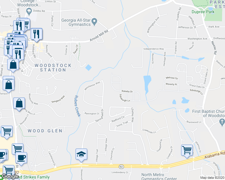 map of restaurants, bars, coffee shops, grocery stores, and more near 531 Rokeby Drive in Woodstock