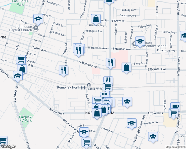 map of restaurants, bars, coffee shops, grocery stores, and more near 2720 Crozier Court in Pomona