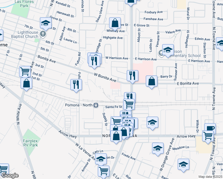 map of restaurants, bars, coffee shops, grocery stores, and more near 2720 Crozier Court in Pomona
