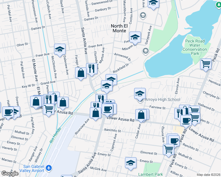 map of restaurants, bars, coffee shops, grocery stores, and more near 4000 Vista Lane in El Monte