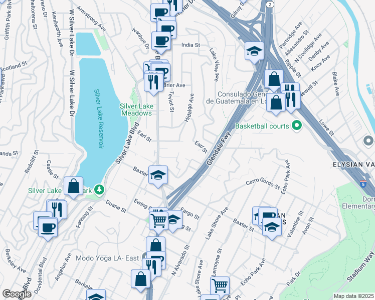 map of restaurants, bars, coffee shops, grocery stores, and more near 2319 West Loma Vista Place in Los Angeles