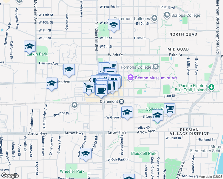 map of restaurants, bars, coffee shops, grocery stores, and more near 147 North Yale Avenue in Claremont