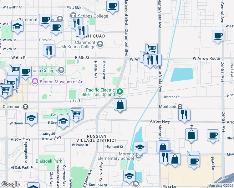 map of restaurants, bars, coffee shops, grocery stores, and more near 2599 Huntington Drive in Upland