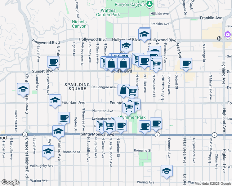 map of restaurants, bars, coffee shops, grocery stores, and more near 1338 North Sierra Bonita Avenue in West Hollywood