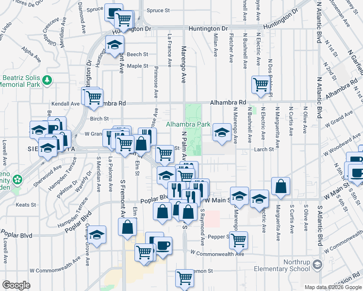 map of restaurants, bars, coffee shops, grocery stores, and more near 301 North Palm Avenue in Alhambra