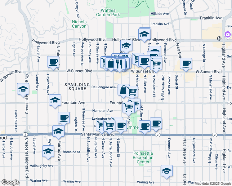 map of restaurants, bars, coffee shops, grocery stores, and more near 1338 North Sierra Bonita Avenue in West Hollywood
