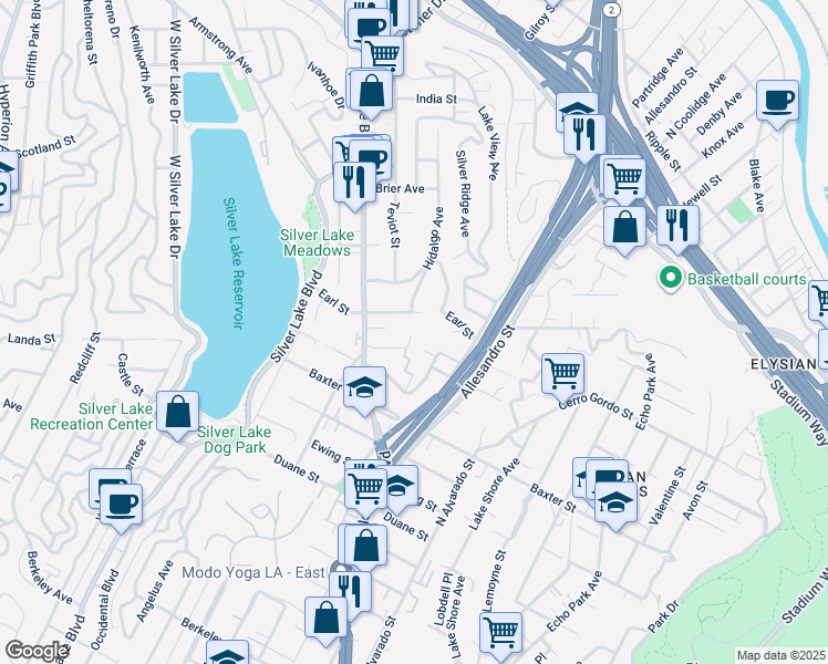 map of restaurants, bars, coffee shops, grocery stores, and more near 2336 Loma Vista Place in Los Angeles