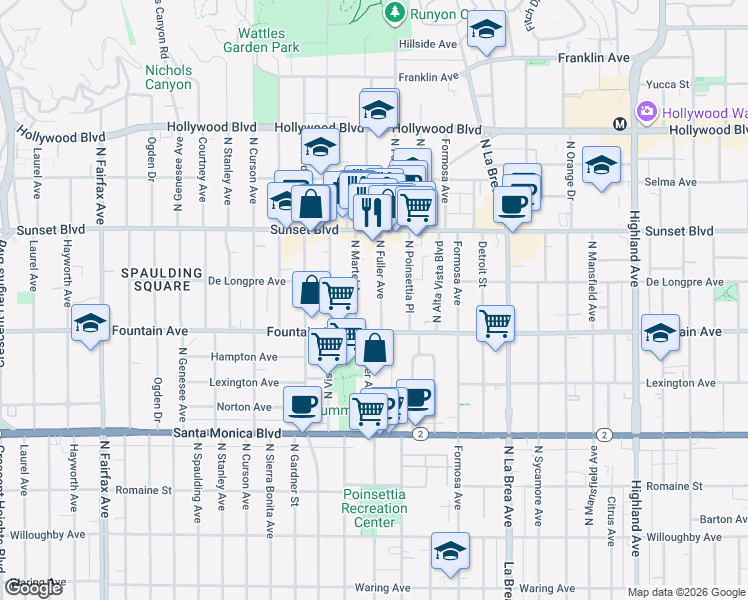 map of restaurants, bars, coffee shops, grocery stores, and more near 1323 North Fuller Avenue in Los Angeles