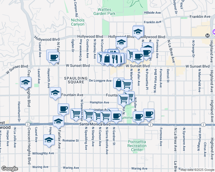 map of restaurants, bars, coffee shops, grocery stores, and more near 1337 North Sierra Bonita Avenue in West Hollywood