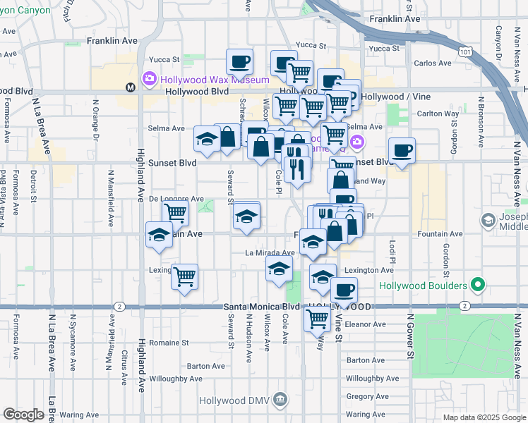 map of restaurants, bars, coffee shops, grocery stores, and more near 6501 Fountain Avenue in Los Angeles
