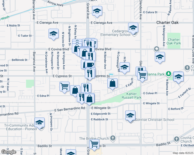 map of restaurants, bars, coffee shops, grocery stores, and more near 19548 Cypress Street in Covina