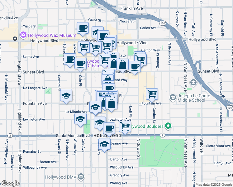 map of restaurants, bars, coffee shops, grocery stores, and more near 6235 Afton Place in Los Angeles