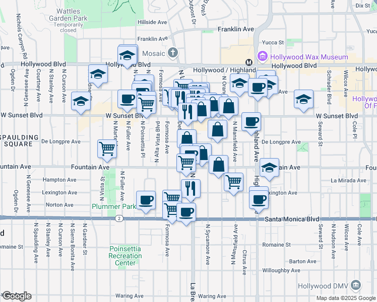 map of restaurants, bars, coffee shops, grocery stores, and more near 1333 North La Brea Avenue in Los Angeles