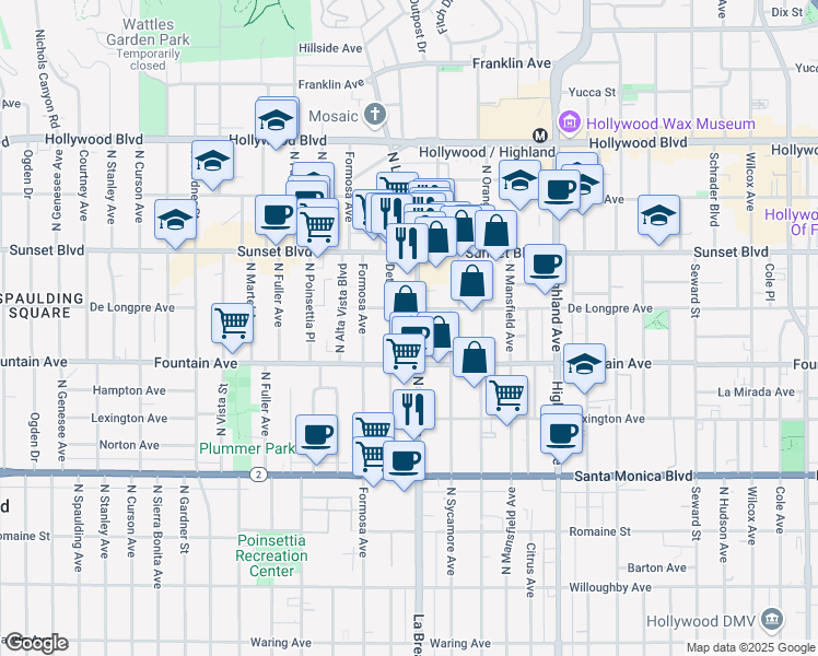 map of restaurants, bars, coffee shops, grocery stores, and more near 1333 North La Brea Avenue in Los Angeles