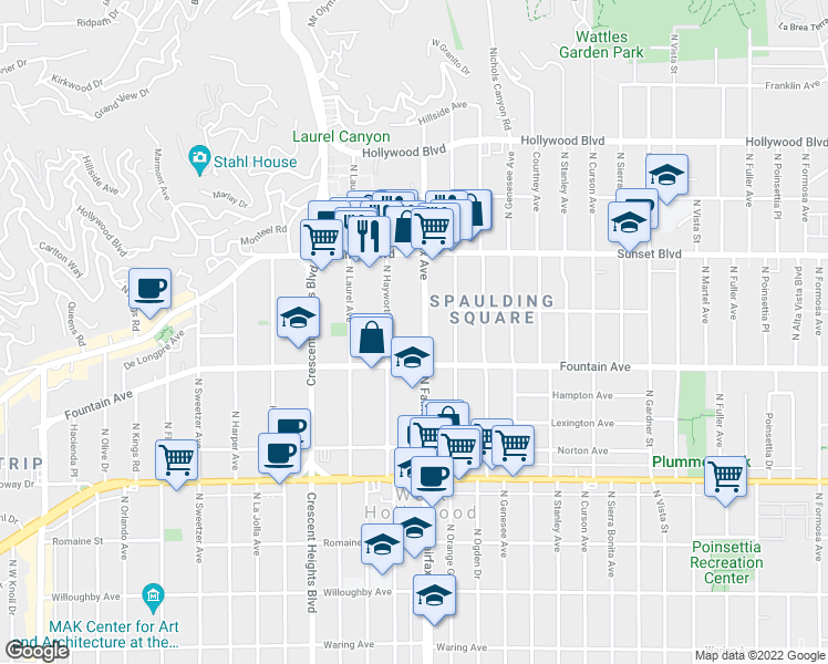 map of restaurants, bars, coffee shops, grocery stores, and more near 1319 North Fairfax Avenue in West Hollywood
