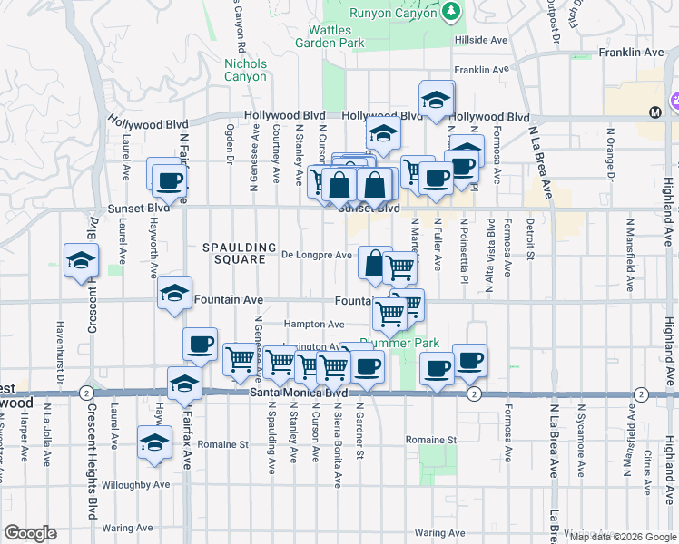 map of restaurants, bars, coffee shops, grocery stores, and more near 1337 North Sierra Bonita Avenue in West Hollywood