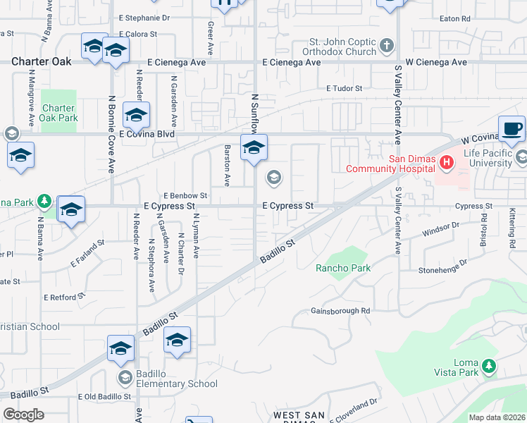 map of restaurants, bars, coffee shops, grocery stores, and more near 21010 East Cypress Street in Covina