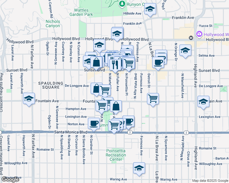 map of restaurants, bars, coffee shops, grocery stores, and more near 1337 North Fuller Avenue in Los Angeles