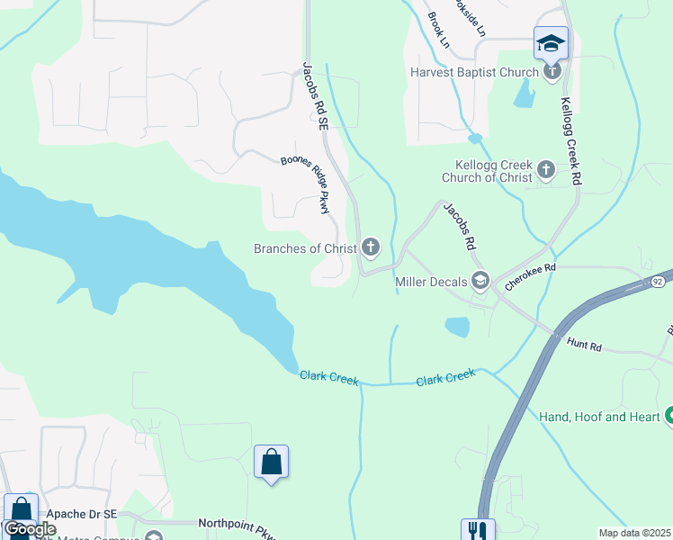 map of restaurants, bars, coffee shops, grocery stores, and more near 144 Boones Ridge Parkway in Acworth