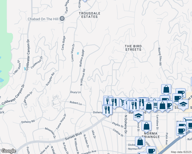 map of restaurants, bars, coffee shops, grocery stores, and more near 9350 Sierra Mar Drive in Los Angeles
