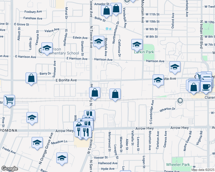 map of restaurants, bars, coffee shops, grocery stores, and more near 898 Seville Lane in Pomona