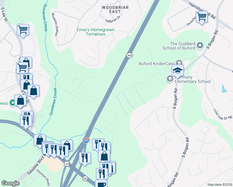 map of restaurants, bars, coffee shops, grocery stores, and more near 2128 East Maddox Road in Buford