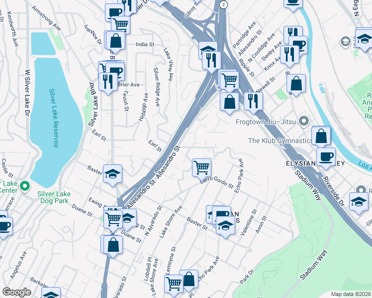 map of restaurants, bars, coffee shops, grocery stores, and more near 2100 Whitmore Avenue in Los Angeles