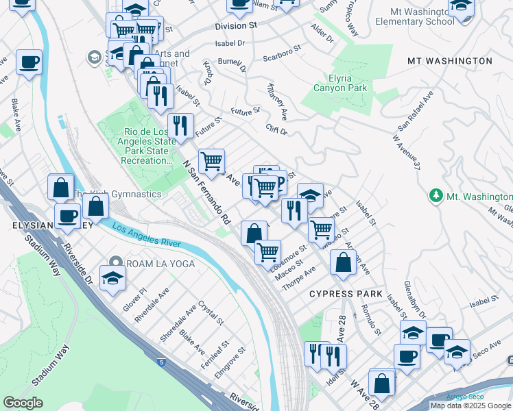 map of restaurants, bars, coffee shops, grocery stores, and more near 2656 Granada Street in Los Angeles