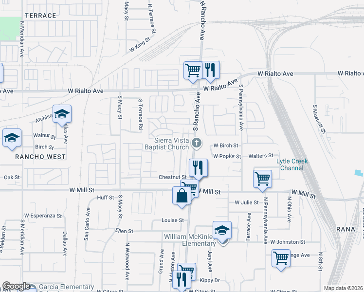 map of restaurants, bars, coffee shops, grocery stores, and more near South State Street in San Bernardino