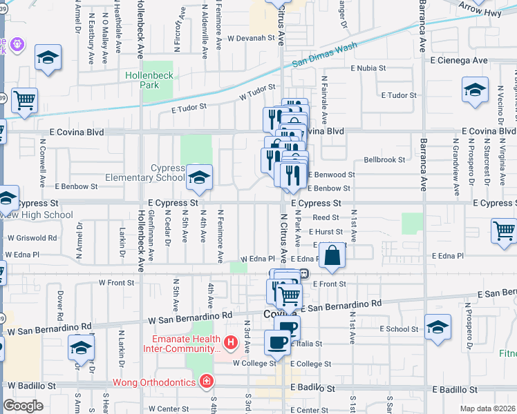 map of restaurants, bars, coffee shops, grocery stores, and more near 844 North Viceroy Avenue in Covina
