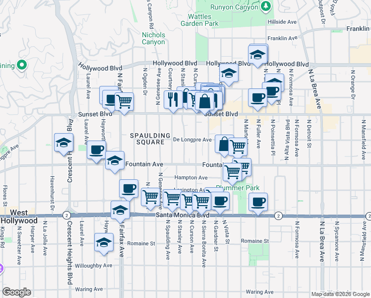 map of restaurants, bars, coffee shops, grocery stores, and more near 1317 North Stanley Avenue in Los Angeles