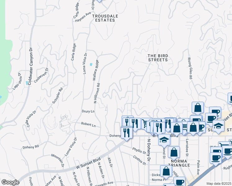 map of restaurants, bars, coffee shops, grocery stores, and more near 9314 Sierra Mar Drive in Los Angeles