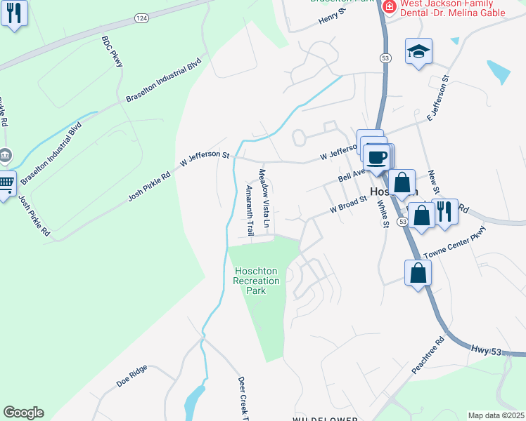 map of restaurants, bars, coffee shops, grocery stores, and more near 363 Meadow Vista Lane in Hoschton