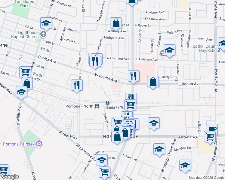 map of restaurants, bars, coffee shops, grocery stores, and more near 2718 Crozier Court in Pomona