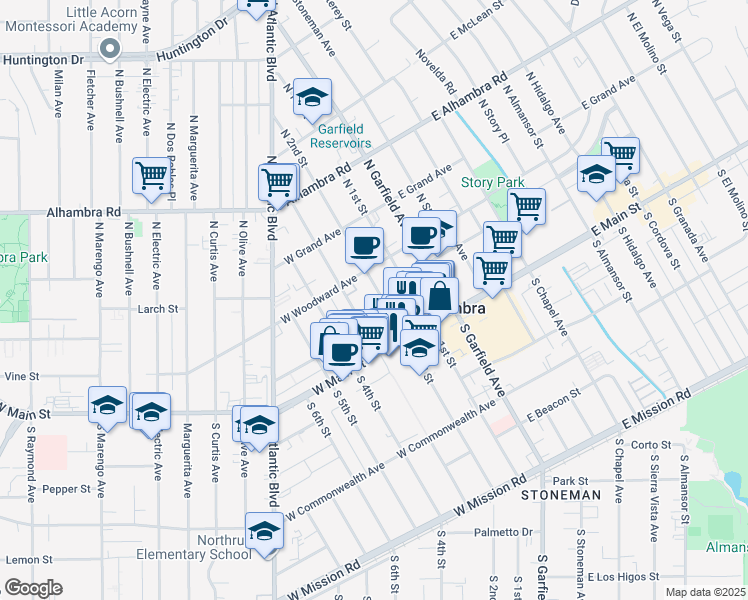 map of restaurants, bars, coffee shops, grocery stores, and more near in Alhambra