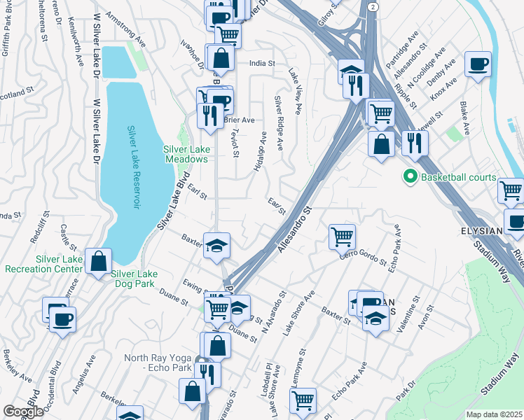 map of restaurants, bars, coffee shops, grocery stores, and more near 2315 Loma Vista Place in Los Angeles