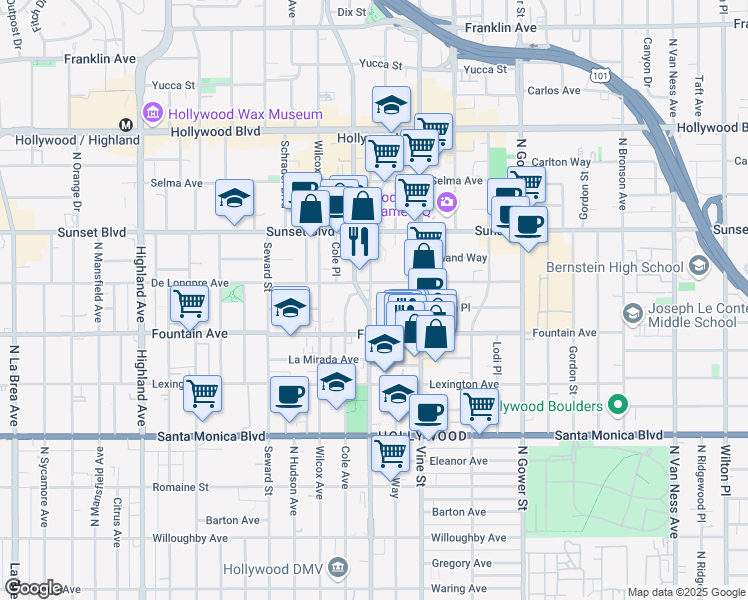 map of restaurants, bars, coffee shops, grocery stores, and more near 1350 Ivar Avenue in Los Angeles