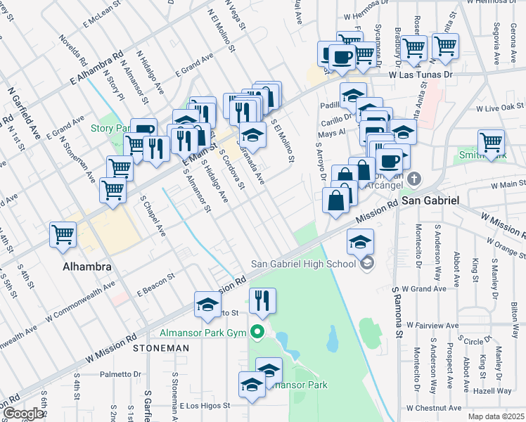 map of restaurants, bars, coffee shops, grocery stores, and more near 322 South Cordova Street in Alhambra