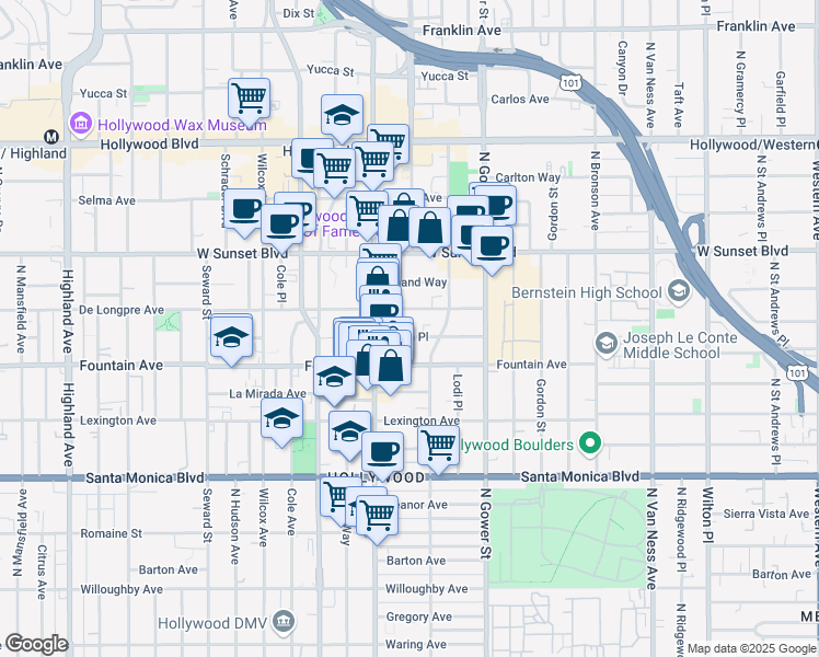 map of restaurants, bars, coffee shops, grocery stores, and more near 6235 Afton Place in Los Angeles