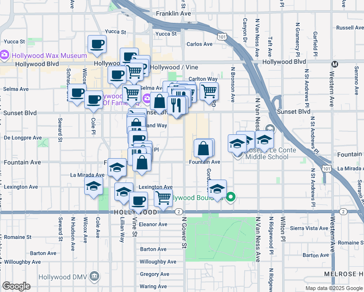 map of restaurants, bars, coffee shops, grocery stores, and more near in Los Angeles