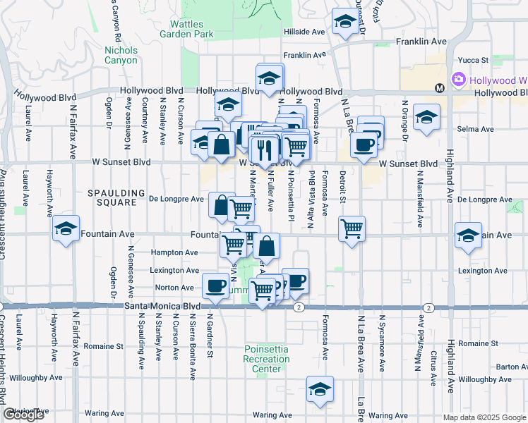 map of restaurants, bars, coffee shops, grocery stores, and more near 1337 North Fuller Avenue in Los Angeles