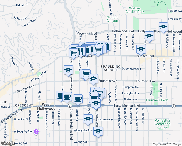 map of restaurants, bars, coffee shops, grocery stores, and more near 1319 North Fairfax Avenue in West Hollywood