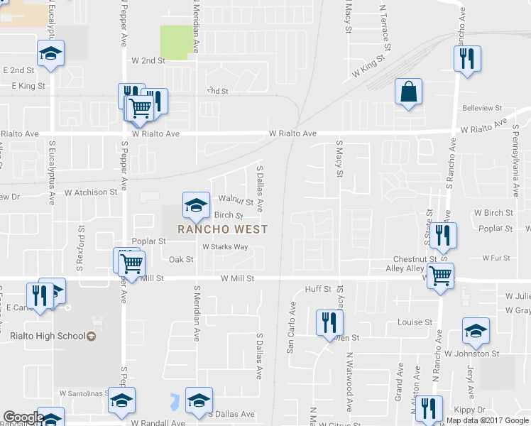 map of restaurants, bars, coffee shops, grocery stores, and more near 315 South Dallas Avenue in San Bernardino