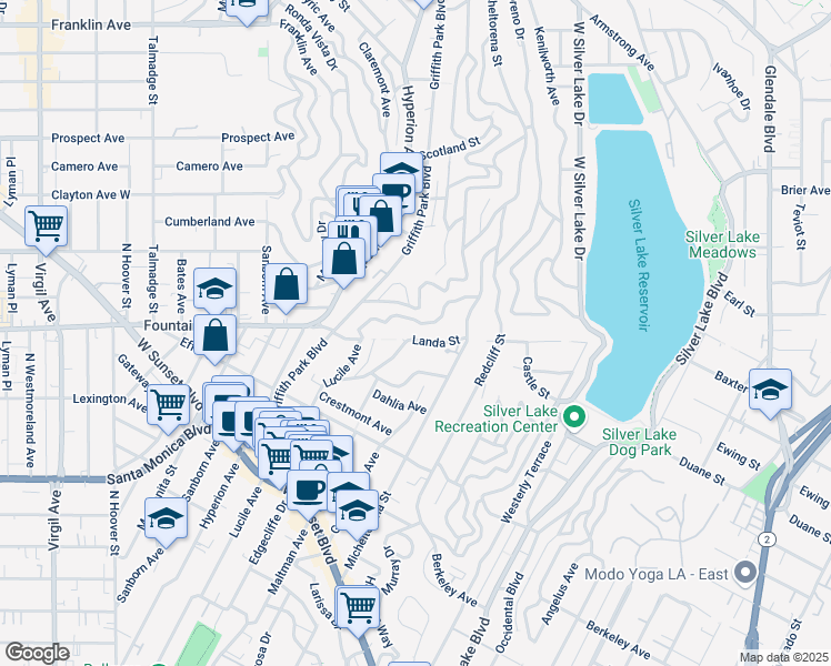 map of restaurants, bars, coffee shops, grocery stores, and more near 1850 Maltman Avenue in Los Angeles