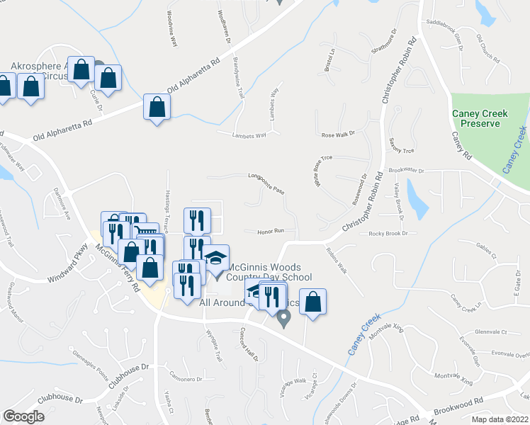 map of restaurants, bars, coffee shops, grocery stores, and more near 1235 Legend Run in Alpharetta